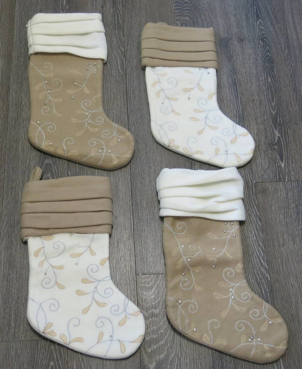 CHRISTMAS STOCKINGS 4 Felt Embroidered Beaded Unique Cream Brown Lined 17 Inches